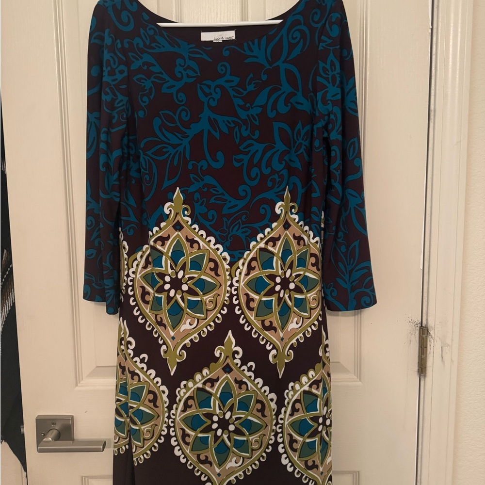 Lucy & Laurel Blue Black Sheath Dress 3/4 Sleeve Scoop Neck